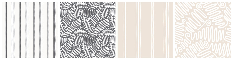 Ethnic decorative lace with waves and swirls coordinated with vertical stripes seamless pattern set. Neutral earth colors boho vector design shown in different scale variations.