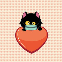 Black cat head in mask and heart