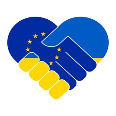 Handshake symbol in the colors of the national flags of EU and Ukraine, forming a heart. The concept of peace, friendship. - obrazy, fototapety, plakaty
