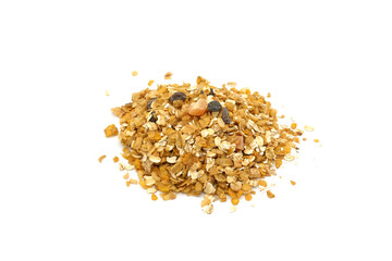 Cereal with dried apple, raisin, dried peach and papaya on white background.