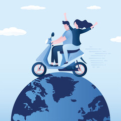 Time to travel. Tourists, love couple drive motorbike. Worldwide, global travel. Man driver and girl passenger ride bike. Freedom, concept. World tourism. Friends travel together. - obrazy, fototapety, plakaty