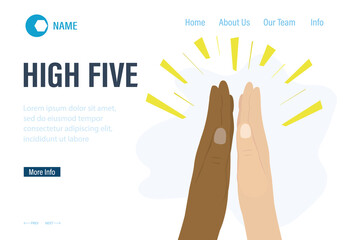 High five, landing page template. Two multiethnic hands close up. Friendship, parthnership concept.