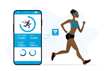 Fototapeta na wymiar Slim woman is jogging. Synchronization of mobile phone and smart watch, counting chances, calories and heart rate. Healthy lifestyle and new technologies. Cell Phone with icons.