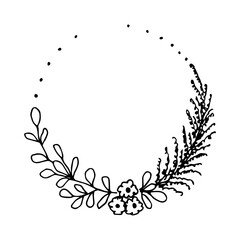 Simple hand-drawn vector drawing in black outline. Round floral frame in boho style. Flowers, leaves, pampas grass. For prints, postcard, invitation, label.