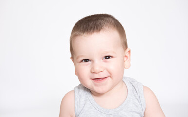 Image of cute baby boy, closeup portrait of adorable child isolated on white background, sweet toddler healthy childhood, perfect caucasian infant, lovely kid, innocence concept