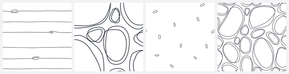  Simple oval shapes and lines seamless pattern set. Modern vector design with minimalist doodle drawings.
