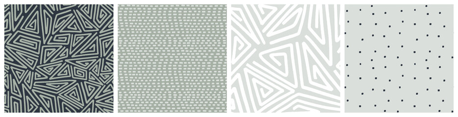 Calm green seamless pattern set with ethnic ornament in different color variations and coordinating simple backgrounds.