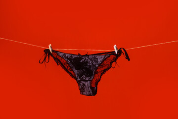 Lace red panties on rope. Cotton underwear. Lace sexy underwear. Womans white erotic lingerie....