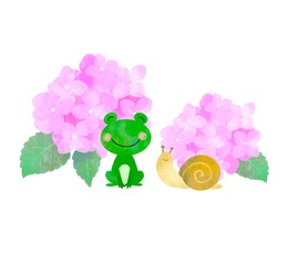 あじさいとカエルとカタツムリのかわいいイラスト　紫陽花　アジサイ　かえる　かたつむり