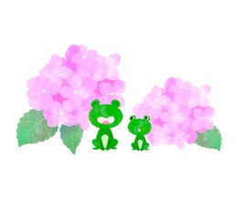 あじさいとカエルのかわいいイラスト　紫陽花　アジサイ　かえる