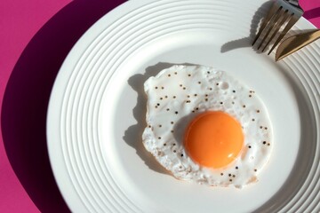 art - scrambled eggs with sparkles on a white plate pink background. High quality photo