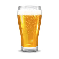 Realistic vector glass of beer with drops and gold beer bubbles, pint of light alcoholic drink. Vector illustration.
