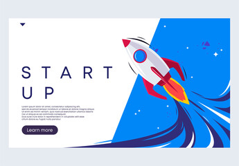 Vector illustration of the startup concept, the start page of the website is a business startup, a rocket is flying into space
