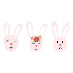 Set of cute bunny faces in cartoon flat style isolated on white background. Easter rabbit character for print, kids design. Vector illustration of sweet animal snout
