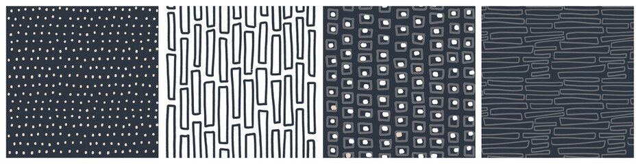 Dark masculine seamless pattern set. Black, grey and white vector design with rectangle and square irregular shapes.