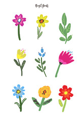 Set of vector bright flowers and leaves