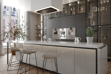 Modern interior of kitchen with living room. 3d render