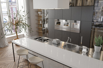 Modern interior of kitchen with living room. 3d render	
