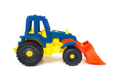 colorful plastic toy wheeled tractor loader excavator, isolated