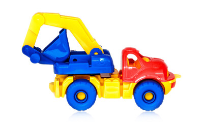 Obraz na płótnie Canvas colorful plastic toy excavator truck, isolated