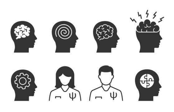 Psychotherapy icons, such as doctor, depression, mind, anxiety and more. Vector illustration.