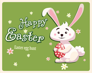 Obraz na płótnie Canvas Happy Easter banner retro. Greeting card with rabbit, bunny, egg. Vector illustration vintage