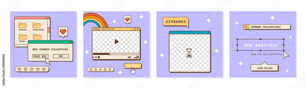 Poster set of vaporwave ig post templates for social media. abstract retro 80s 90s aesthetic groovy backgro