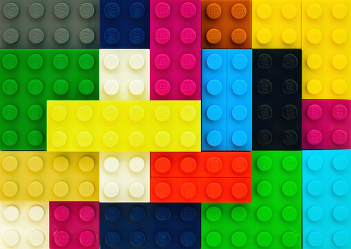 2021: Lego constructor colorful blocks, closeup abstraction