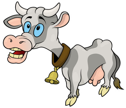 Funny Spotty Cow with a Bell on his Neck - Colored Cartoon Illustration Isolated on White Background, Vector