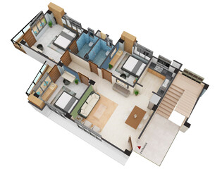 Floor plan top view. Residential apartment interior isolated on dark grey background. 3D render Isometric View