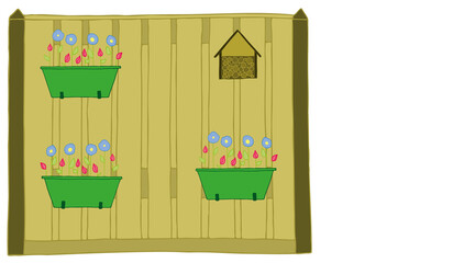 fence with insect hotel and planters with flowers