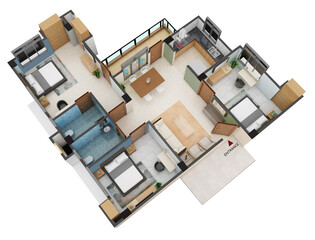 Floor plan top view. Residential apartment interior isolated on dark grey background. 3D render Isometric View