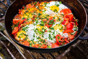 Eggs prepared with vegetables on a frying pan on the fire in the forest. Cooking scrambled eggs over an open fire. Breakfast in nature. Tourist food.