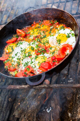 Eggs prepared with vegetables on a frying pan on the fire in the forest. Cooking scrambled eggs over an open fire. Breakfast in nature. Tourist food.