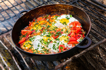 Eggs prepared with vegetables on a frying pan on the fire in the forest. Cooking scrambled eggs over an open fire. Breakfast in nature. Tourist food.