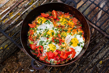 Eggs prepared with vegetables on a frying pan on the fire in the forest. Cooking scrambled eggs over an open fire. Breakfast in nature. Tourist food.