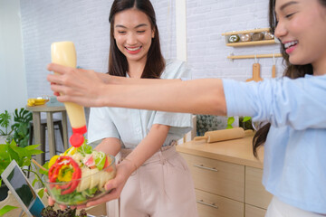 Couple women exercise and living lifestyle at home.