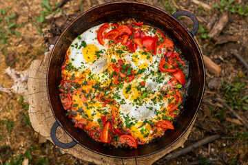 Eggs prepared with vegetables on a frying pan on the fire in the forest. Cooking scrambled eggs over an open fire. Breakfast in nature. Tourist food.