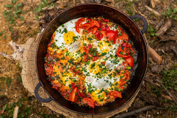 Eggs prepared with vegetables on a frying pan on the fire in the forest. Cooking scrambled eggs over an open fire. Breakfast in nature. Tourist food.