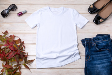 Womens white T-shirt mockup with red nail polish - Powered by Adobe