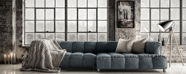 Gemütliche Couchgarnitur mit Textilbezug präsentiert in einem Loft-Ambiente - panoramische 3D Visualisierung
