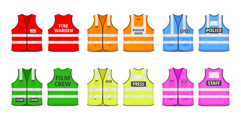 Safety reflective vest with label flat style design vector illustration set. Various color fluorescent security safety work jacket with reflective stripes. Front and back view uniform vest. - obrazy, fototapety, plakaty