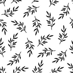 Naklejka premium Black and white leaf seamless pattern. Doodle simple froral style. Leaf background vector illustration