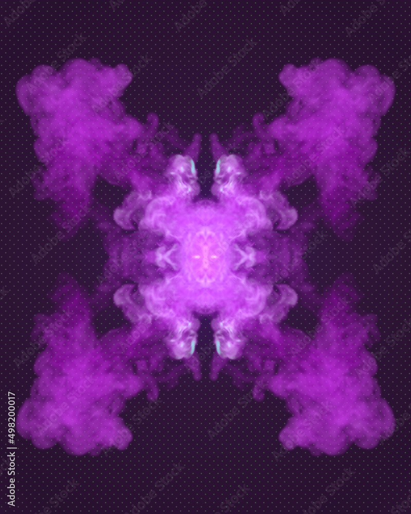 Poster fantastic kaleidoscopic pattern magic explosions with violet colored smoke. 3d rendering digital ill