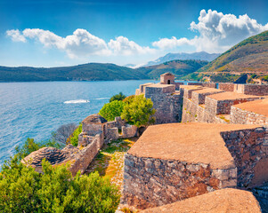Captivating summer view of Ali Pasha Tepelena Fortress. Aerial morning seascape od Adriatic sea....
