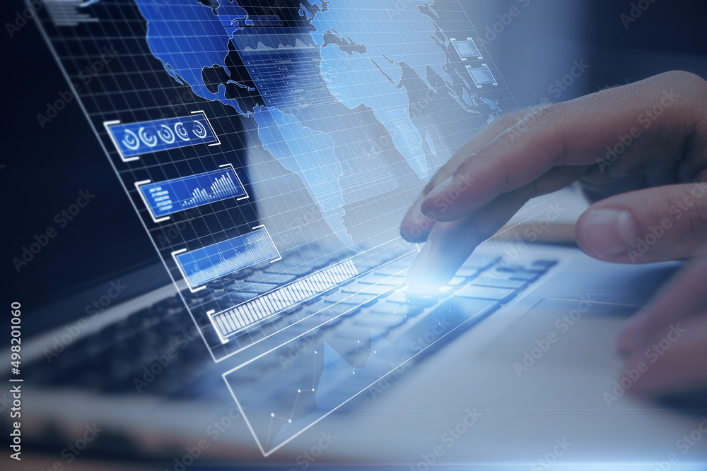 Poster close up of businessman hand using laptop computer keyboard with creative blue radar map interface o