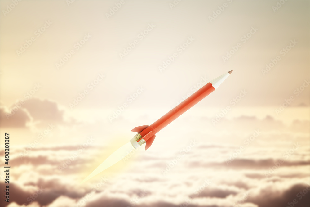 Poster creative red pencil rocket on sky background. education and start up concept. 3d rendering.