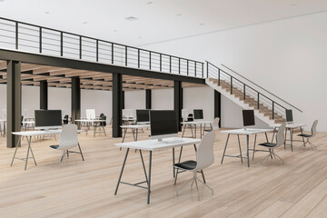 Clean wooden and concrete duplex office interior with daylight, furniture and equipment. 3D Rendering.