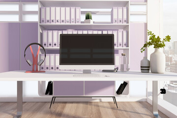 Modern designer office desktop in interior with bookshelf, mock up computer monitor and other decorative items. 3D Rendering.