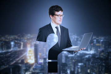 Abstract attractive european businessman with laptop and question mark shape on night city...